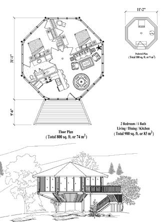 Pedestal House Plan PD-0322 (900 Sq. Ft.) 2 Bedrooms 1 Bathrooms