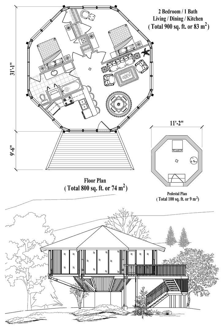 Prefab Pedestal House Plan - PD-0322 (900 sq. ft.) 2 Bedrooms, 1 Baths