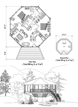 Pedestal Homes & Houses Floor Plan (900 Sq. Ft. with 2 Bedrooms and 2 Bathrooms, including Living Room, Dining Room, Kitchen). Best for home building on sloping mountain terrain or in coastal and beachfront locations where elevated houses or raised homes are required.