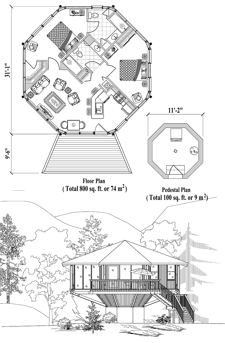 Prefab Pedestal House Plan - PD-0323 (900 sq. ft.) 2 Bedrooms, 2 Baths