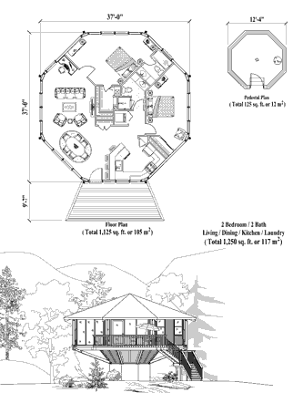 Prefabricated house kit. Pedestal foundation home Floor Plan (1250 Sq. Ft. with 2 Bedrooms and 2 Bathrooms, including Living Room, Dining Room, Kitchen, Laundry). Shipped world-wide to remote and foreign locations.