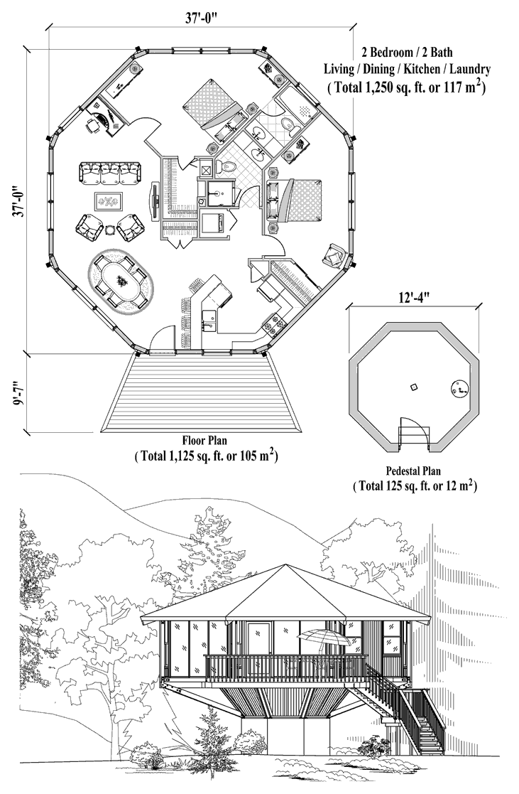 Prefab Pedestal House Plan - PD-0421 (1250 sq. ft.) 2 Bedrooms, 2 Baths