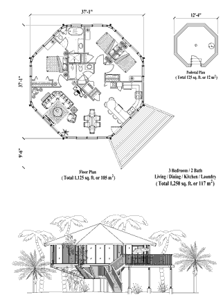 Prefabricated house kit. Pedestal foundation home Floor Plan (1250 Sq. Ft. with 3 Bedrooms and 2 Bathrooms, including Living Room, Dining Room, Kitchen, Laundry). Shipped world-wide to remote and foreign locations.