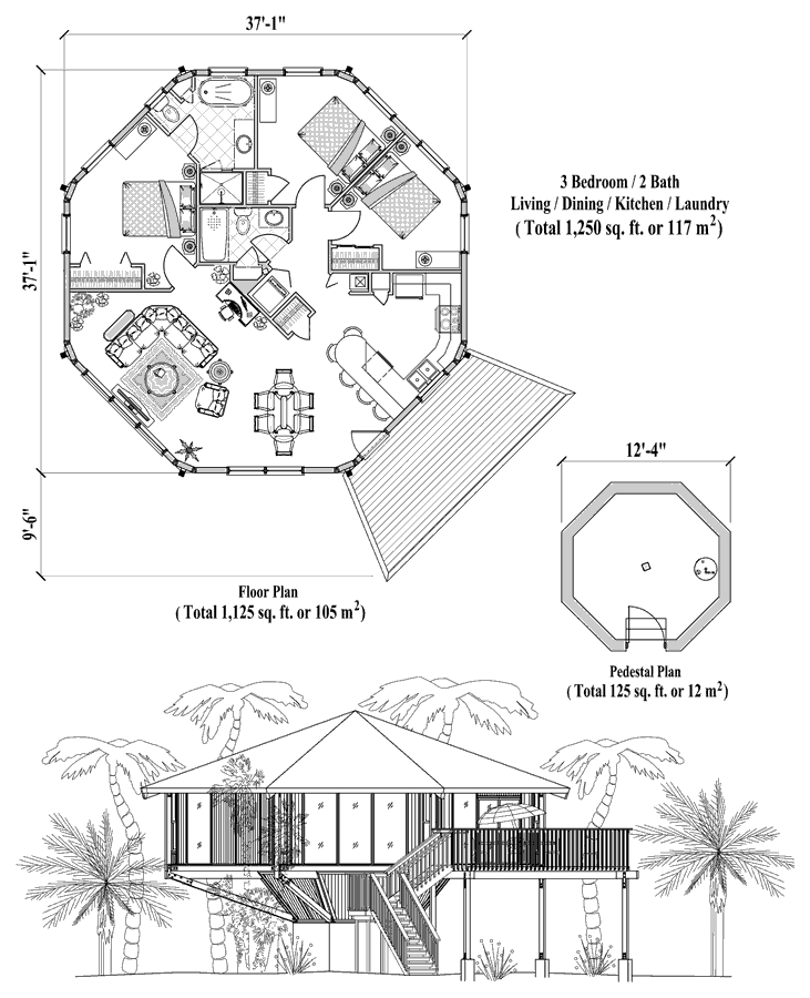 Prefab Pedestal House Plan - PD-0422 (1250 sq. ft.) 3 Bedrooms, 2 Baths
