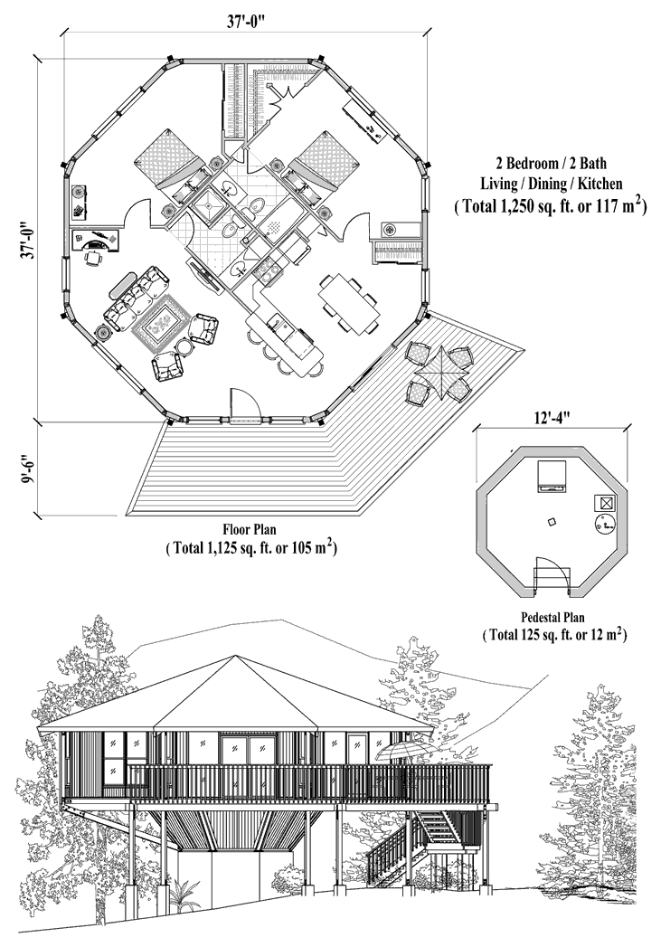Prefab Pedestal House Plan - PD-0423 (1250 sq. ft.) 2 Bedrooms, 2 Baths