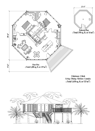 Pedestal House Plan PD-0521 (1430 Sq. Ft.) 2 Bedrooms 2 Bathrooms