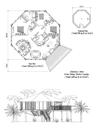 Pedestal House Plan PD-0522 (1430 Sq. Ft.) 3 Bedrooms 2 Bathrooms