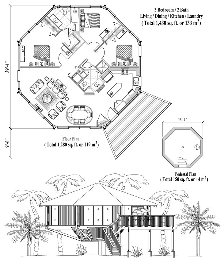 Prefab Pedestal House Plan - PD-0522 (1430 sq. ft.) 3 Bedrooms, 2 Baths