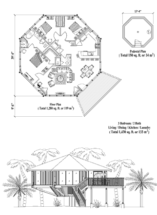 Prefabricated house kit. Pedestal foundation home Floor Plan (1430 Sq. Ft. with 3 Bedrooms and 2 Bathrooms, including Living Room, Dining Room, Kitchen, Laundry). Shipped world-wide to remote and foreign locations.