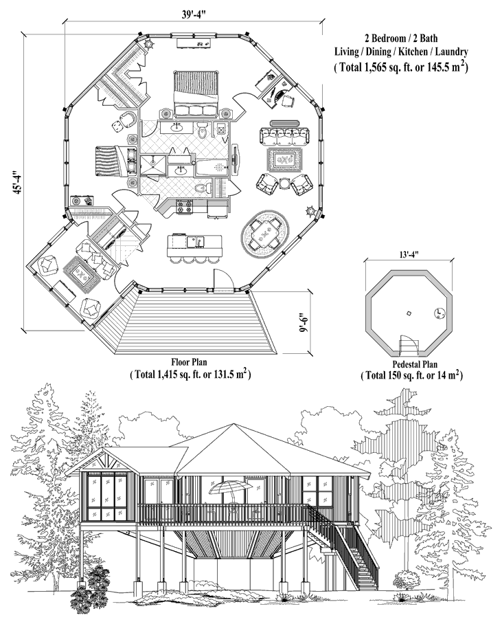 Prefab Pedestal House Plan - PD-0524 (1565 sq. ft.) 2 Bedrooms, 2 Baths