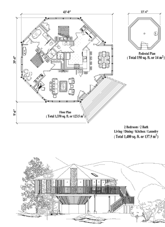 Pedestal Homes & Houses Floor Plan (1480 Sq. Ft. with 2 Bedrooms and 2 Bathrooms, including Living Room, Dining Room, Kitchen, Laundry). Best for home building on sloping mountain terrain or in coastal and beachfront locations where elevated houses or raised homes are required.