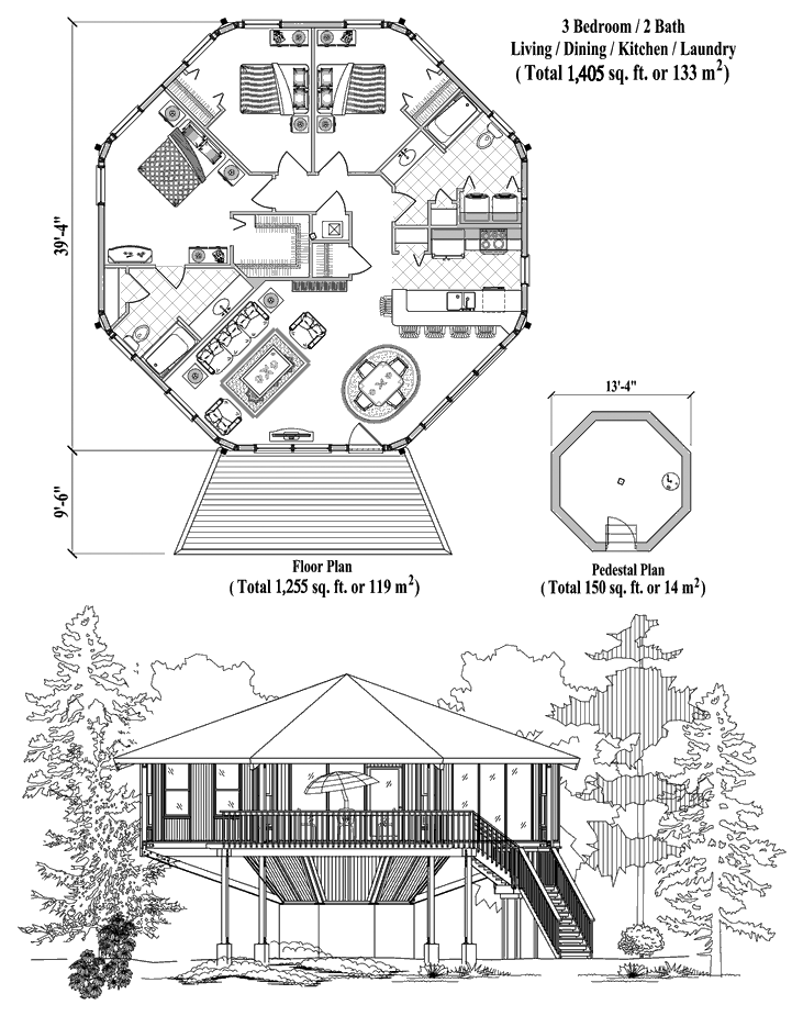 Prefab Pedestal House Plan - PD-0526 (1405 sq. ft.) 3 Bedrooms, 2 Baths