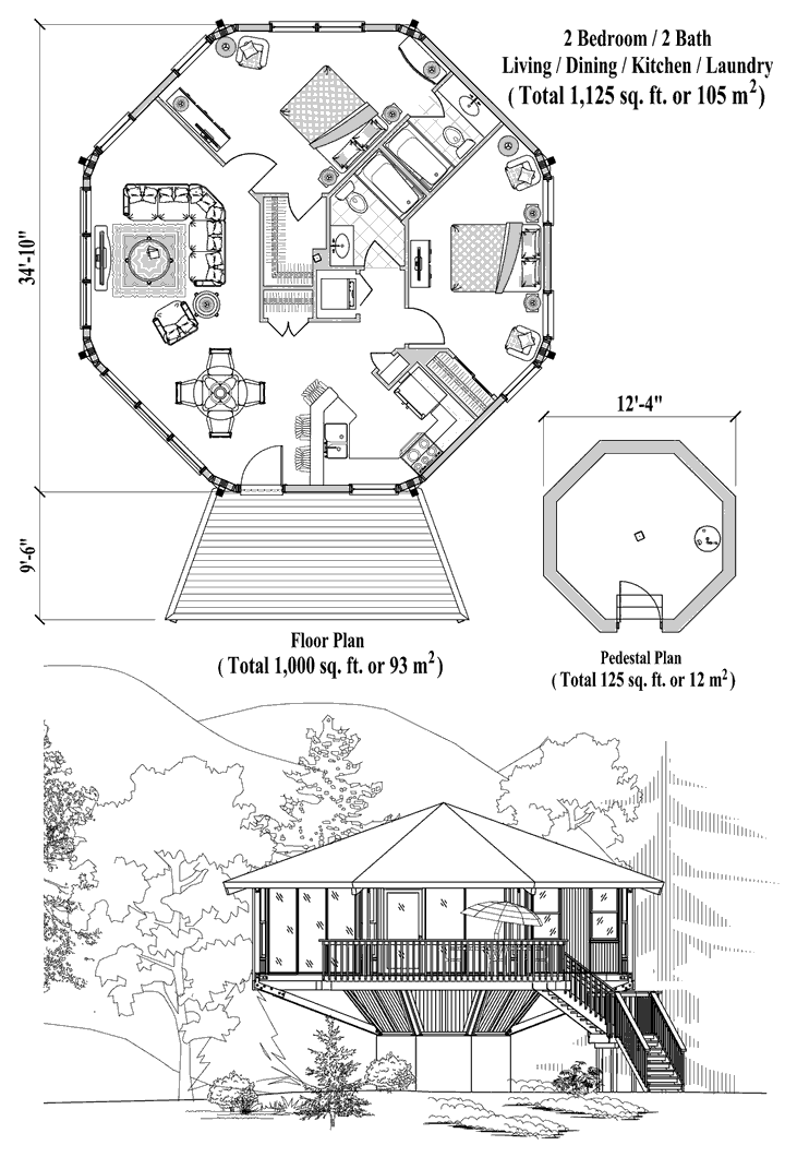 Prefab Pedestal House Plan - PD-1122 (1125 sq. ft.) 2 Bedrooms, 2 Baths