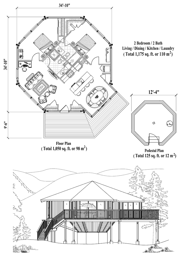 Prefab Pedestal House Plan - PD-1123 (1175 sq. ft.) 2 Bedrooms, 2 Baths
