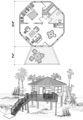 Piling House Plan PG-0104 (475 Sq. Ft.) 1 Bedrooms 1 Bathrooms