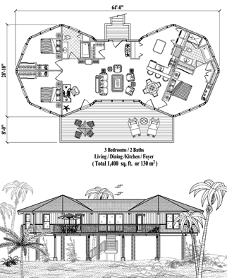 Elevated (Raised) Piling House, Stilt House, Hurricane-Resistant Home Floor Plan (1400 Sq. Ft. with 3 Bedrooms and 2 Bathrooms, including Living, Dining, Kitchen, Foyer). Perfect for house building in hurricane-prone Coastal, Beach Front, Oceanfront, Island & Tropical locations.