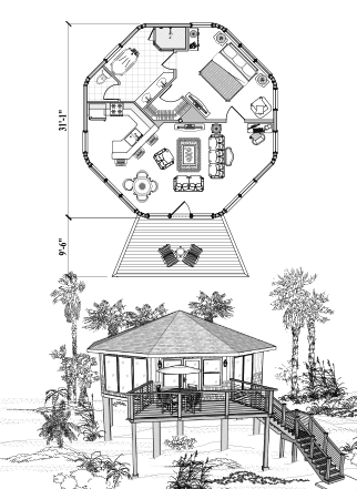 Piling House Plan PG-0301 (800 Sq. Ft.) 1 Bedrooms 1 Bathrooms