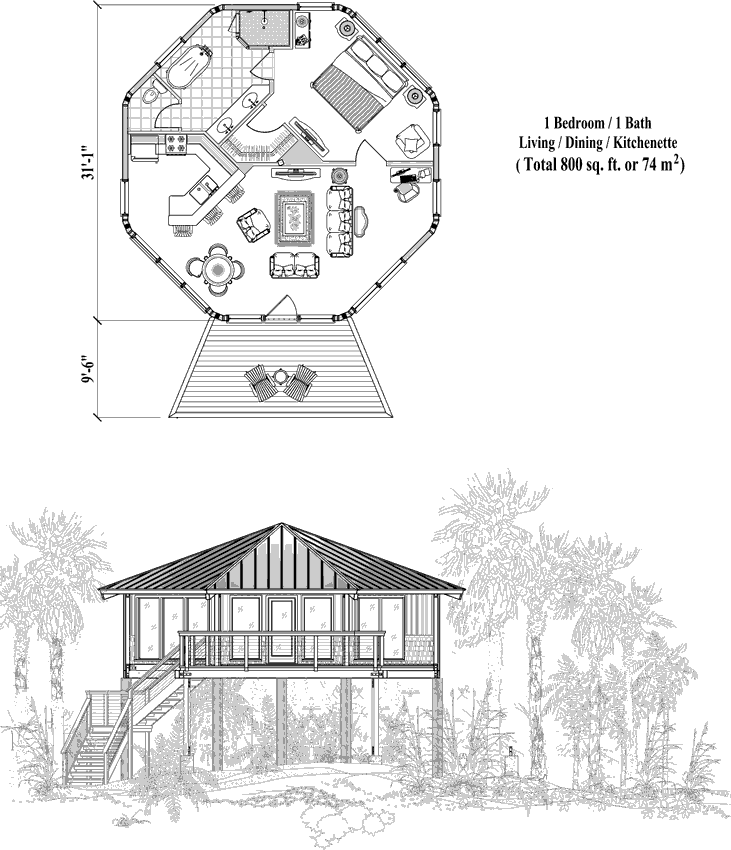 Prefab Piling House Plan - PG-0301 (800 sq. ft.) 1 Bedrooms, 1 Baths