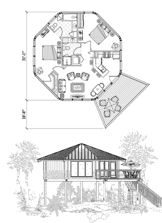 Prefab Hurricane-Proof Home in Florida (Piling foundation) Floor Plan (800 Sq. Ft. with 2 Bedrooms and 2 Bathrooms, including Living, Dining, Kitchen, Laundry). Best for home building in Florida and the Florida Keys.
