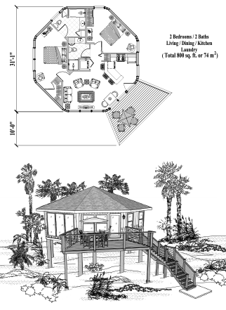 Hurricane-proof elevated Piling home, stilt house, or pedestal home Floor Plan (800 Sq. Ft. with 2 Bedrooms and 2 Bathrooms, including Living, Dining, Kitchen, Laundry). Best for home building in the Bahamas and other Caribbean locations.