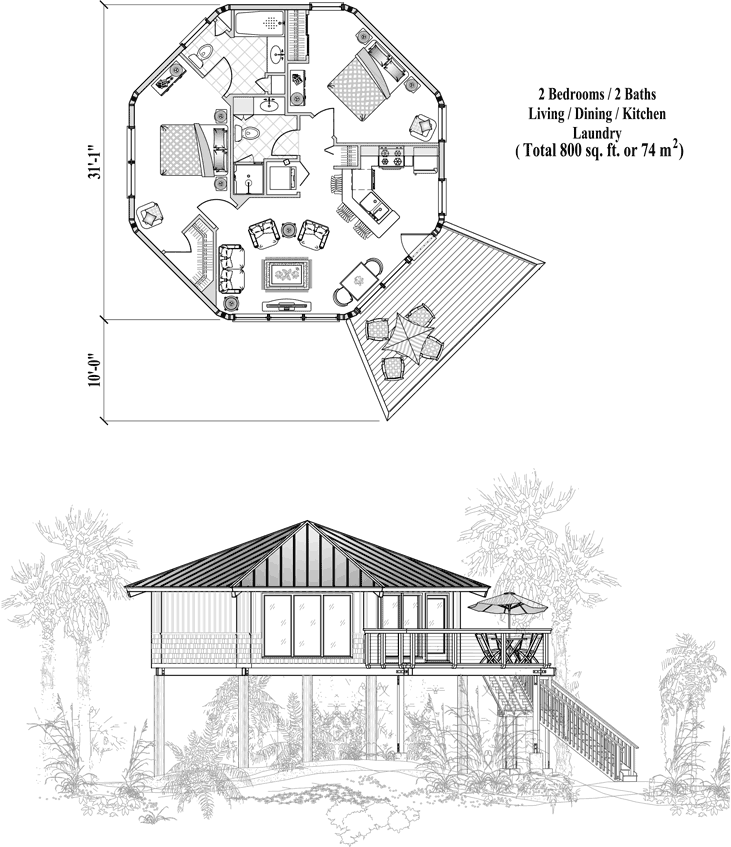 Prefab Piling House Plan - PG-0303 (800 sq. ft.) 2 Bedrooms, 2 Baths