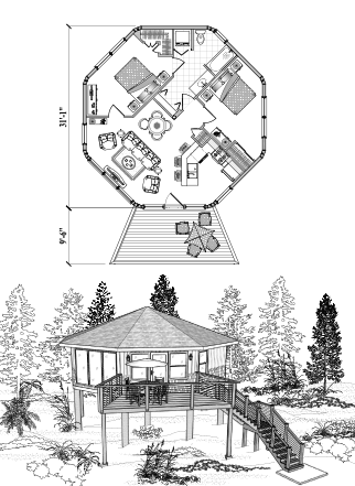 Piling House Plan PG-0305 (800 Sq. Ft.) 2 Bedrooms 1 Bathrooms