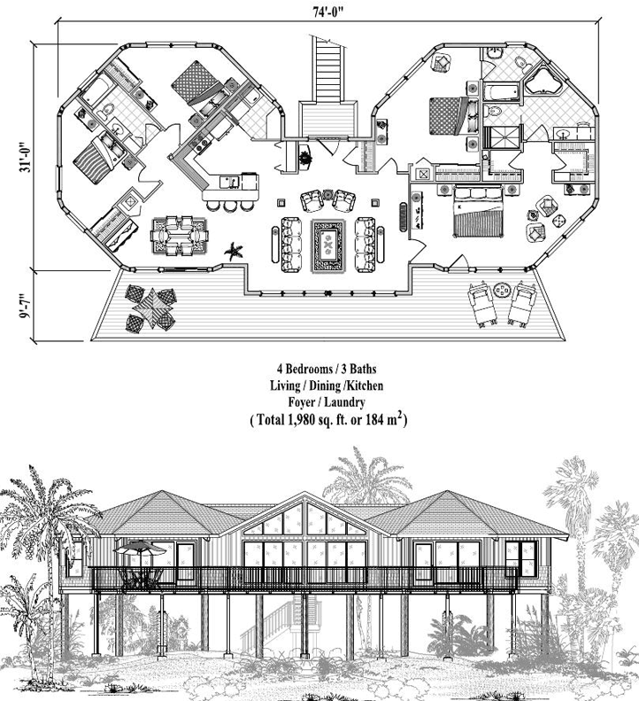 Prefab Piling House Plan - PG-0308 (1980 sq. ft.) 4 Bedrooms, 3 Baths