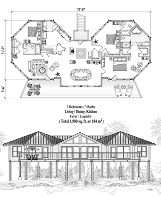Piling House Plan PG-0309 (1980 Sq. Ft.) 3 Bedrooms 3 Bathrooms