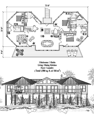 Piling House Plan PG-0309 (1980 Sq. Ft.) 3 Bedrooms 3 Bathrooms