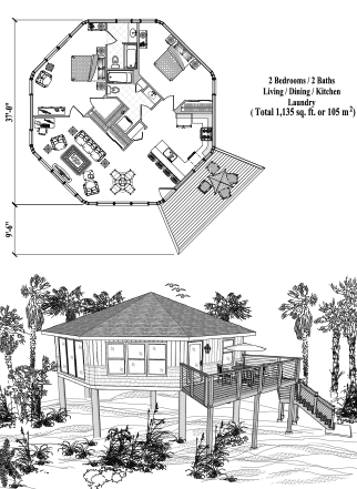 Piling House Plan PG-0402 (1135 Sq. Ft.) 2 Bedrooms 2 Bathrooms