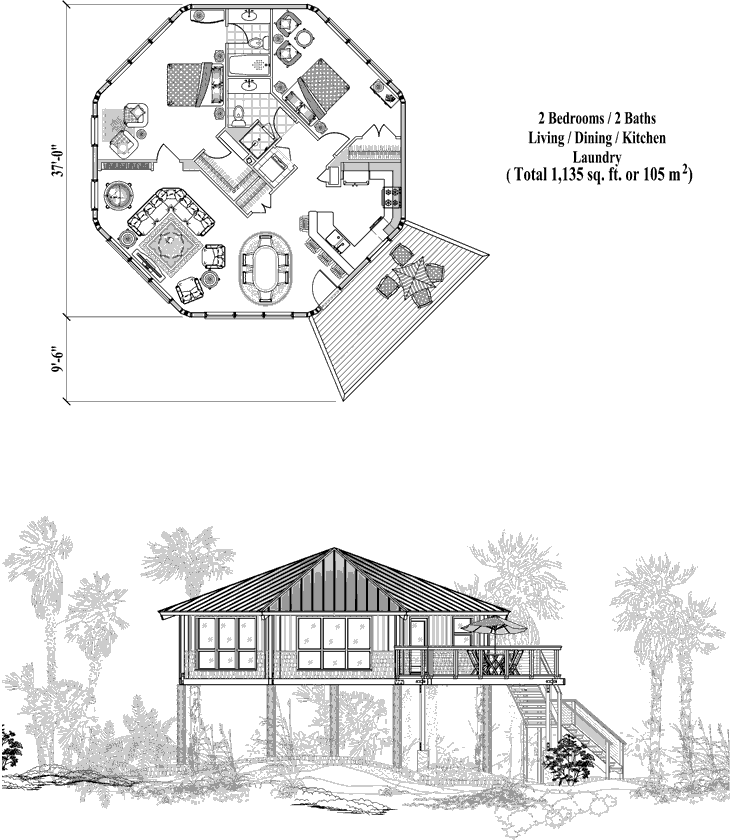 Piling Prefab Online House Plan Collection PG-0402 (1135 sq. ft.) 2 Bedrooms, 2 Baths