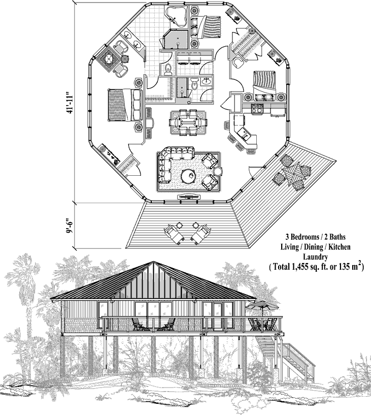 Prefab Piling House Plan - PG-0601 (1455 sq. ft.) 3 Bedrooms, 2 Baths