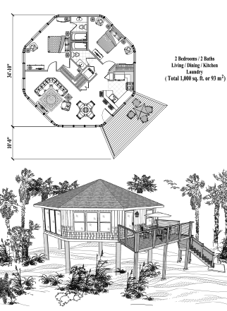 Piling House Plan PG-1102 (1000 Sq. Ft.) 2 Bedrooms 2 Bathrooms