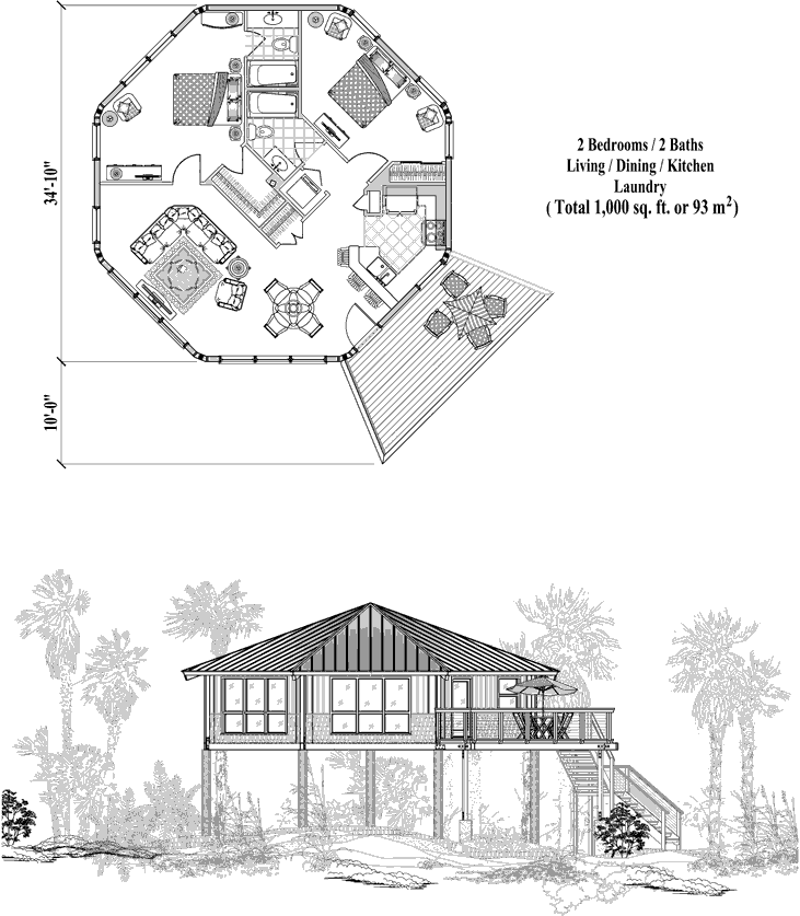 Prefab Piling House Plan - PG-1102 (1000 sq. ft.) 2 Bedrooms, 2 Baths