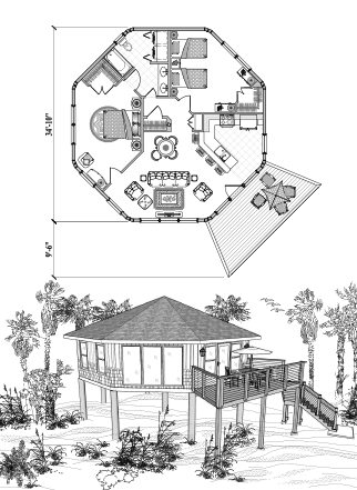 Piling House Plan PG-1105 (1000 Sq. Ft.) 2 Bedrooms 1 Bathrooms