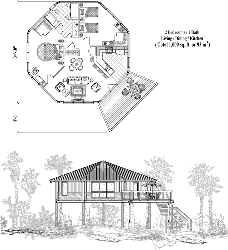 Prefab Piling House Plan - PG-1105 (1000 sq. ft.) 2 Bedrooms, 1 Baths