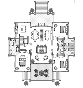 Elevated (Raised) Piling House, Stilt House, Hurricane-Resistant Home Floor Plan (2565 Sq. Ft. with 3 Bedrooms and 3.5 Bathrooms, including Living, Dining, Kitchen). Perfect for house building in hurricane-prone Coastal, Beach Front, Oceanfront, Island & Tropical locations.