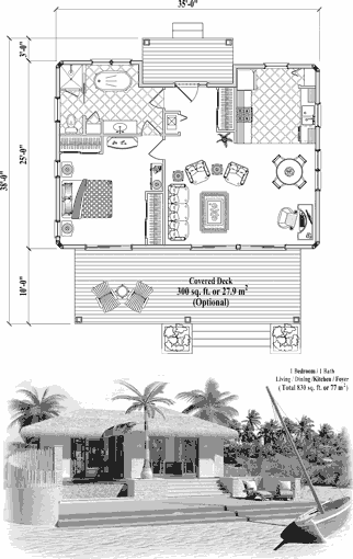 Piling House Plan PG-2102 (830 Sq. Ft.) 1 Bedrooms 1 Bathrooms