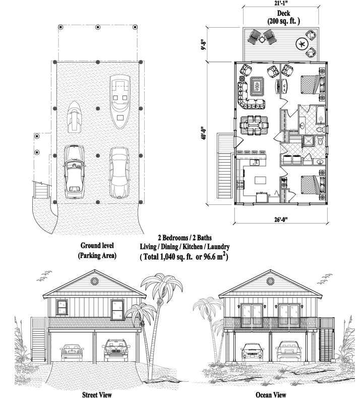Prefab Piling House Plan - PG-2103 (1040 sq. ft.) 2 Bedrooms, 2 Baths