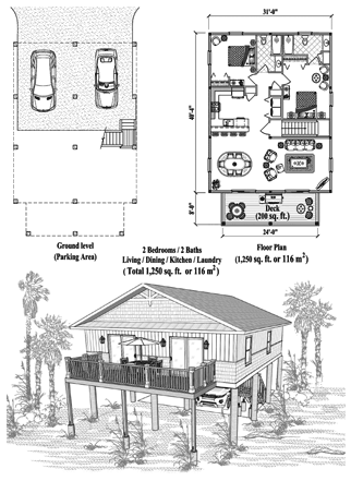 Elevated (Raised) Piling House, Stilt House, Hurricane Proof Home Floor Plan (1250 Sq. Ft. with 2 Bedrooms and 2 Bathrooms, including Living, Dining, Kitchen, Laundry). Perfect for building a home on hurricane-prone Beachfront, Ocean Front, Island & Tropical locations.