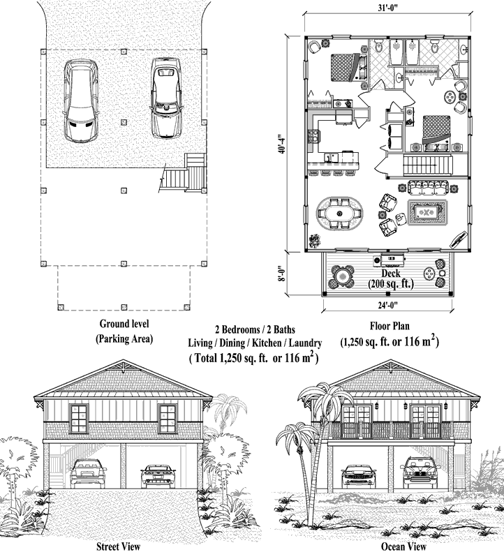 Prefab Piling House Plan - PG-2104 (1250 sq. ft.) 2 Bedrooms, 2 Baths