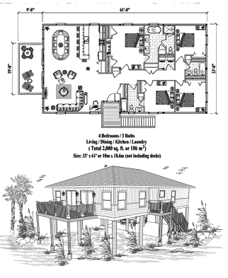 Elevated (Raised) Piling House, Stilt House, Hurricane-Resistant Home Floor Plan (2000 Sq. Ft. with 4 Bedrooms and 3 Bathrooms, including Living, Dining, Kitchen, Laundry). Perfect for house building in hurricane-prone Coastal, Beach Front, Oceanfront, Island & Tropical locations.