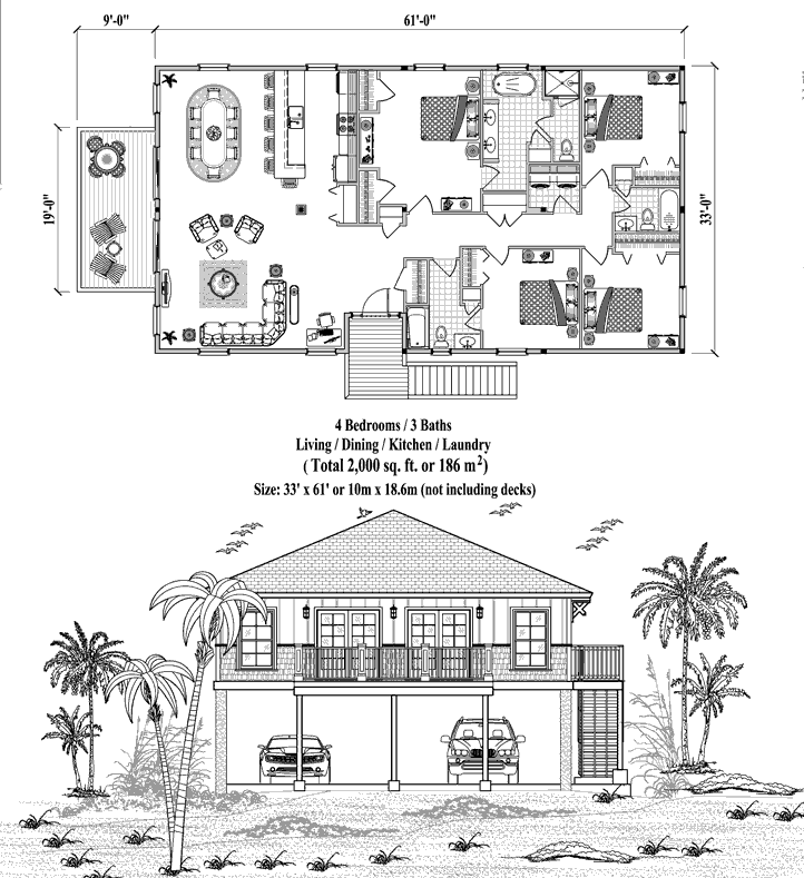 Prefab Piling House Plan - PG-2105 (2000 sq. ft.) 4 Bedrooms, 3 Baths