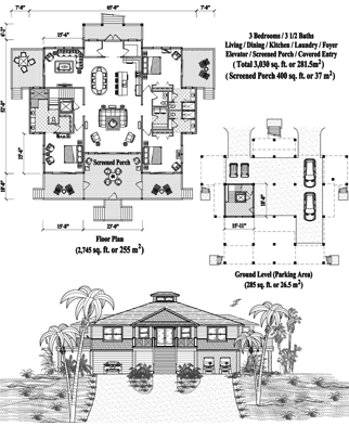 Piling House Plan PG-2107 (3030 Sq. Ft.) 3 Bedrooms 3.5 Bathrooms