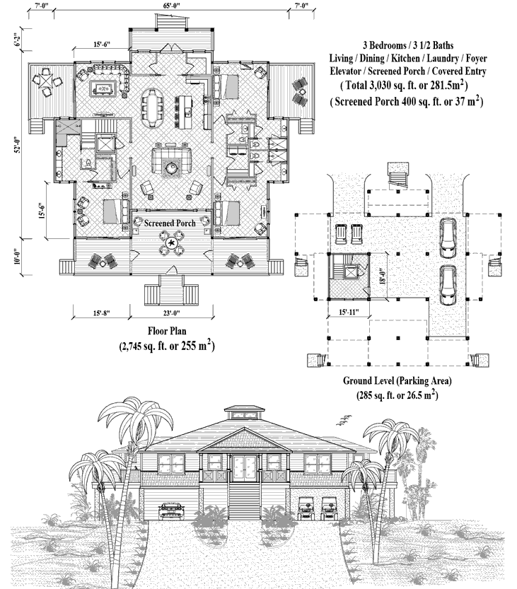 Prefab Piling House Plan - PG-2107 (3030 sq. ft.) 3 Bedrooms, 3 1/2 Baths