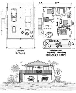 Hurricane-proof elevated Piling home, stilt house, or pedestal home Floor Plan (1095 Sq. Ft. with 2 Bedrooms and 2 Bathrooms, including Living, Dining, Kitchen, Laundry). Best for home building in the Bahamas and other Caribbean locations.