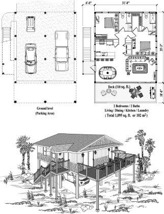 Hurricane-proof elevated Piling home, stilt house, or pedestal home Floor Plan (1095 Sq. Ft. with 2 Bedrooms and 2 Bathrooms, including Living, Dining, Kitchen, Laundry). Best for home building in the Bahamas and other Caribbean locations.