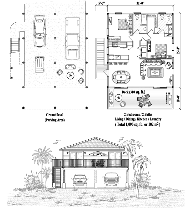 Prefab Piling House Plan - PG-2108 (1095 sq. ft.) 2 Bedrooms, 2 Baths