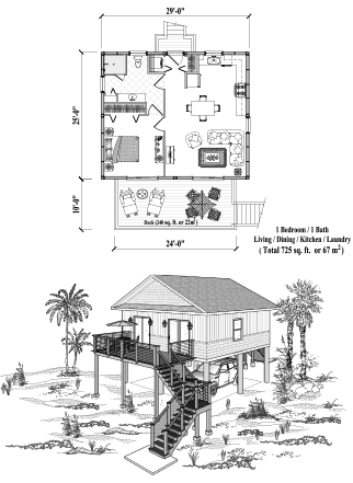 Piling House Plan PG-2109 (725 Sq. Ft.) 1 Bedrooms 1 Bathrooms