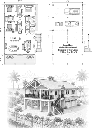 Piling House Plan PG-2117 (1800 Sq. Ft.) 3 Bedrooms 2.5 Bathrooms